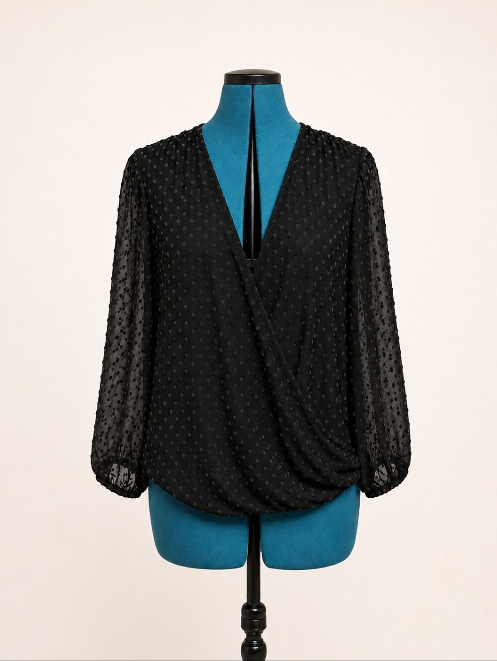 Ava & Aiden Black Dotted Surplice Blouse